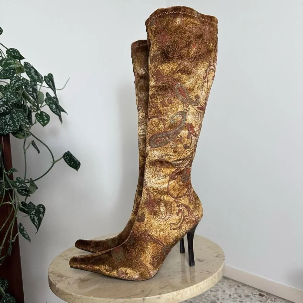 Vintage 90s 2000s knee high square pointed toe high heel, velvet paisley pattern - Picture 2 of 8
